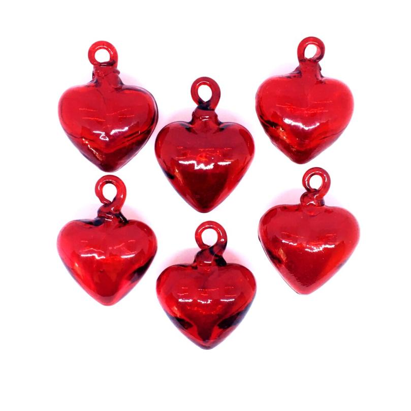 MEXICAN GLASSWARE / Red 2.6 inch Small Hanging Glass Hearts (set of 6) / These beautiful hanging hearts will be a great gift for your loved one.